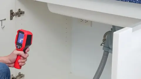 Handheld leak detection device used under a kitchen sink