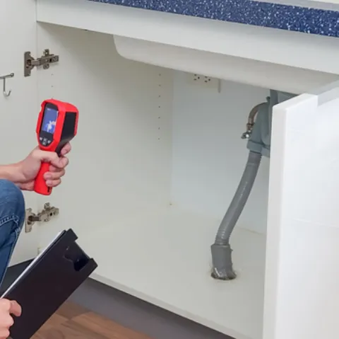 Technician holding a handheld leak detector under a kitchen sink